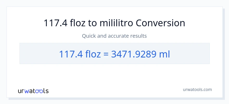 117.4 mga onsa ng likido patungong mga mililitro na conversion