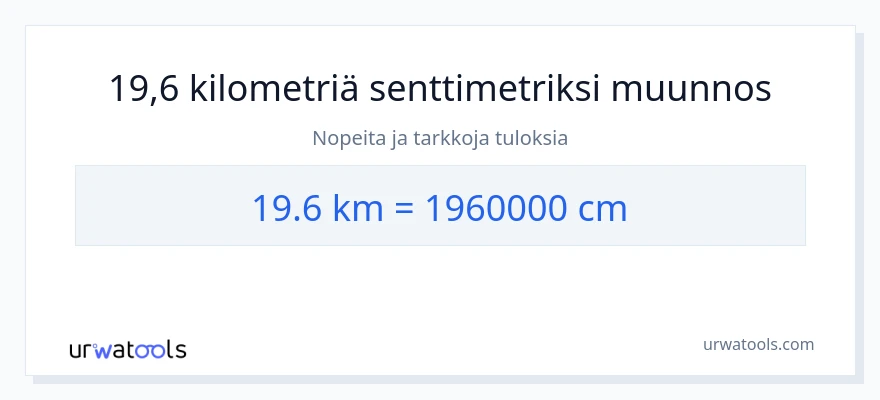 19.6 kilometrejä - Senttimetrit muunnos