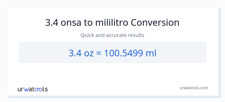 3.4 Mga onsa patungong mga mililitro na conversion