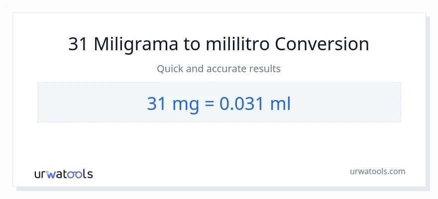 Conversão de 31 miligramas para mililitros