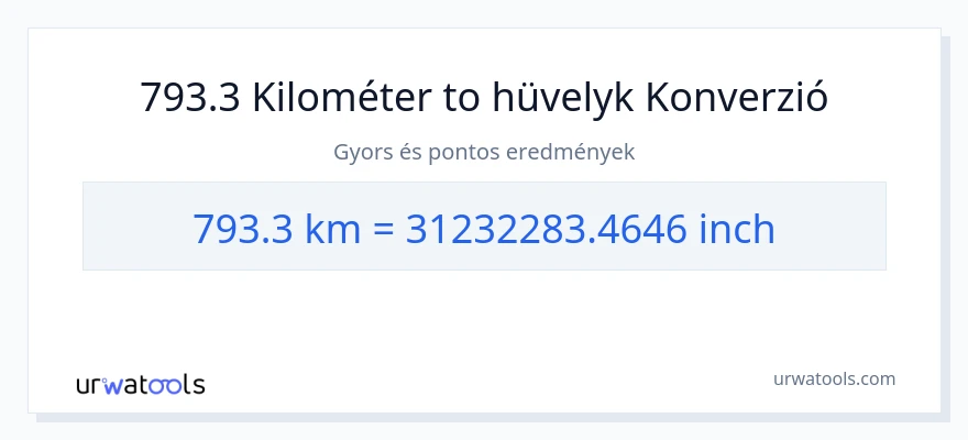 793.3 kilométer - Hüvelyk konverzió