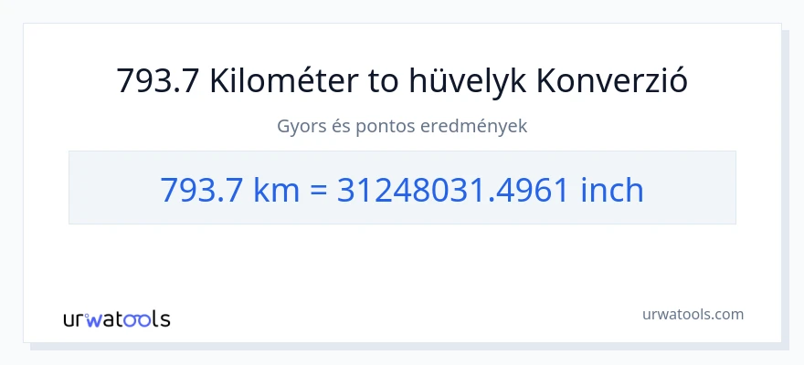 793.7 kilométer - Hüvelyk konverzió