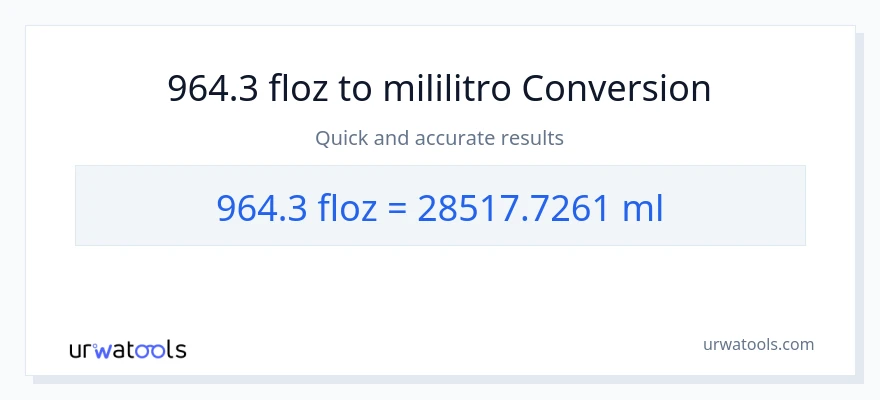 964.3 mga onsa ng likido patungong mga mililitro na conversion