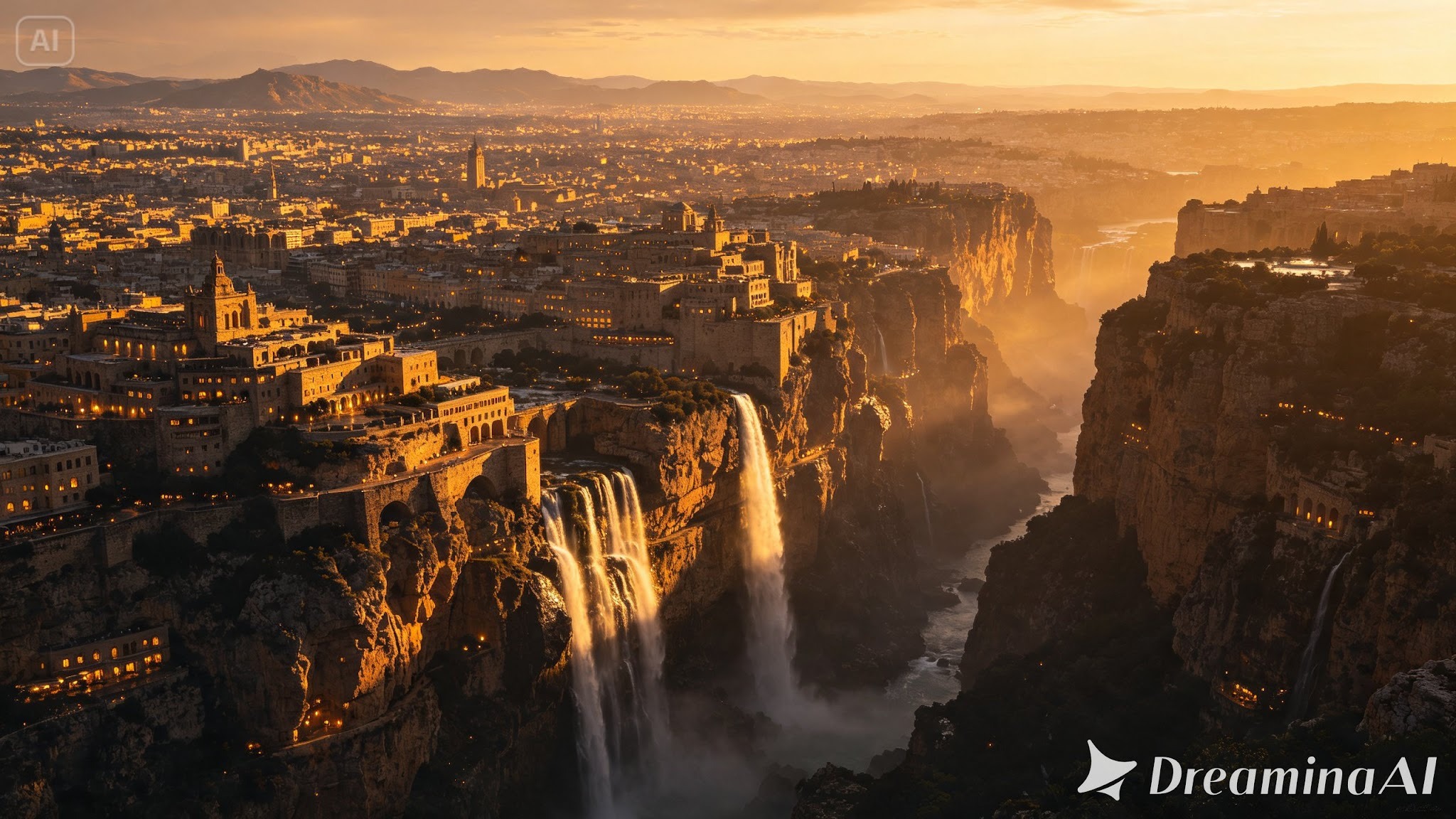 Cinematic fictional environment rendered from a written world-building description