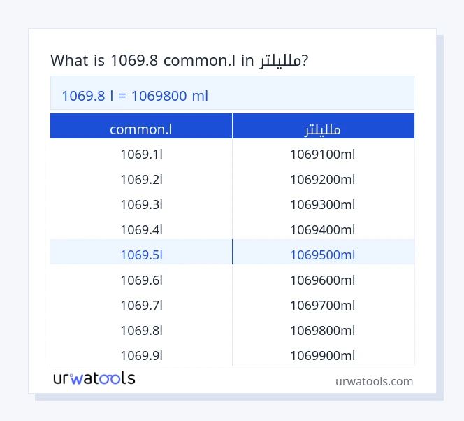 1069.8 common.l إلى ملليلتر جدول 1069.8 common.l إلى ملليلتر